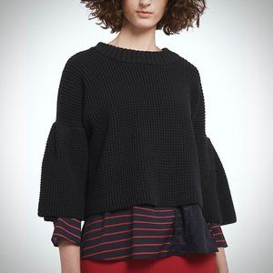 French Connection Ellie Waffle Knit Sweater L Bell 3/4 Sleeves Blue Crop Top